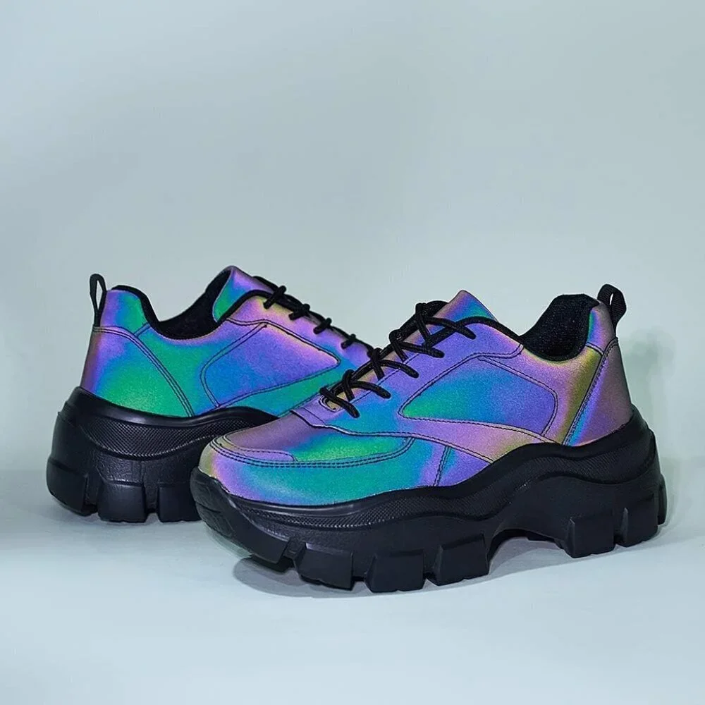 Women Charcoal Platform Fuchsia Hologram Casual Lace-Up Sneakers
